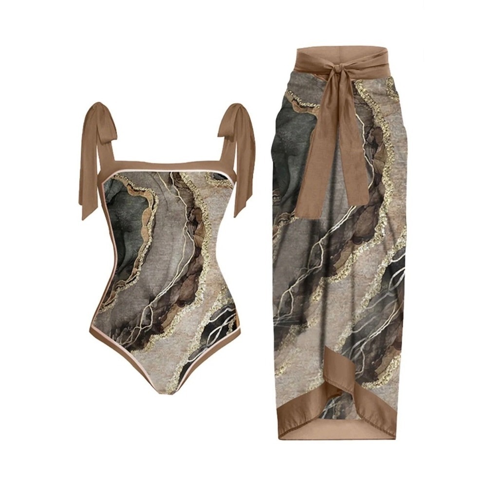 Brown Marble Geode Print One Piece Swimsuit and Sarong Set XXL (1097)